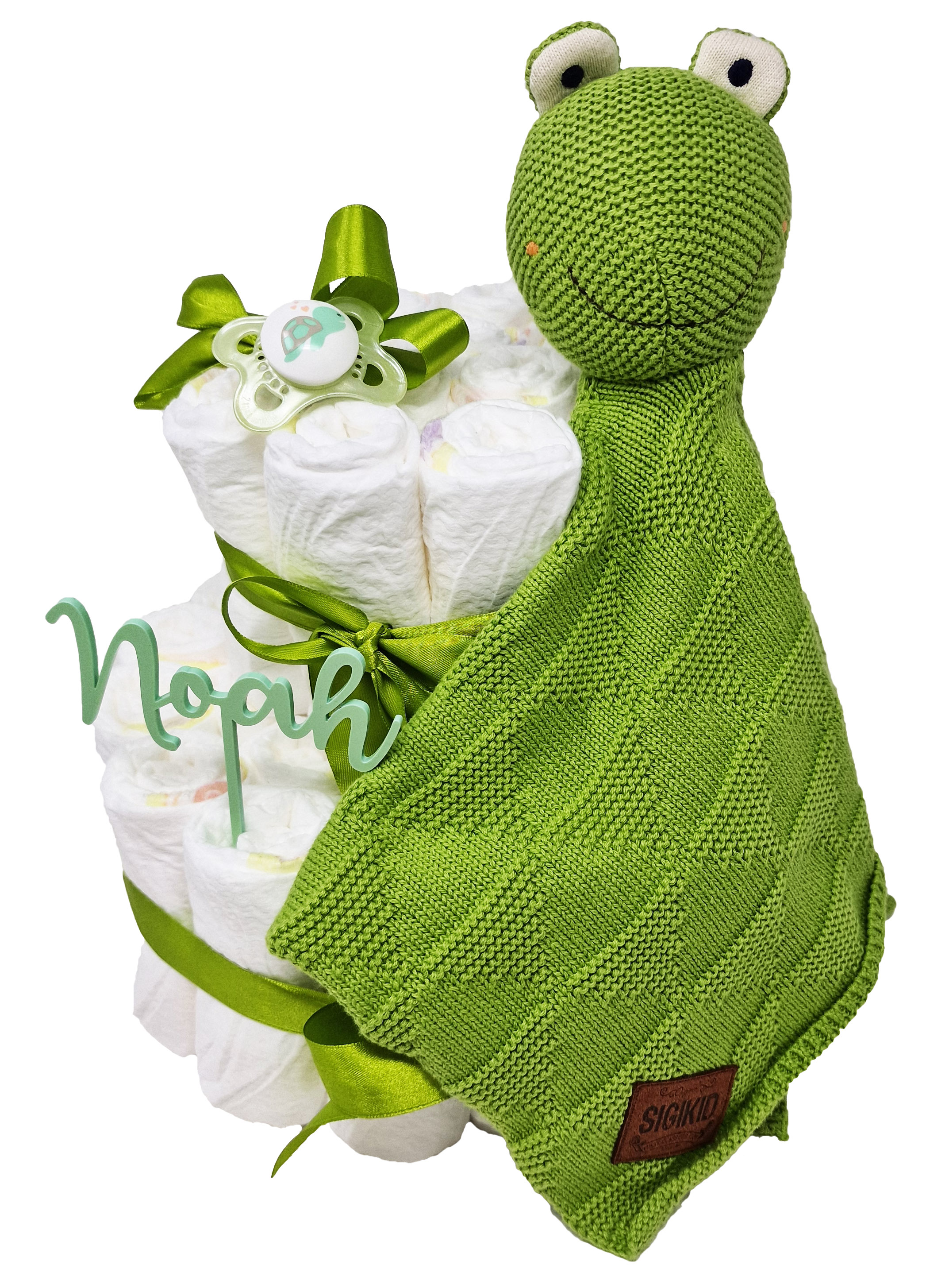 Elfenstall Windeltorte Pamperstorte mit Sigikid Strick Schnuffeltuch Frosch grün