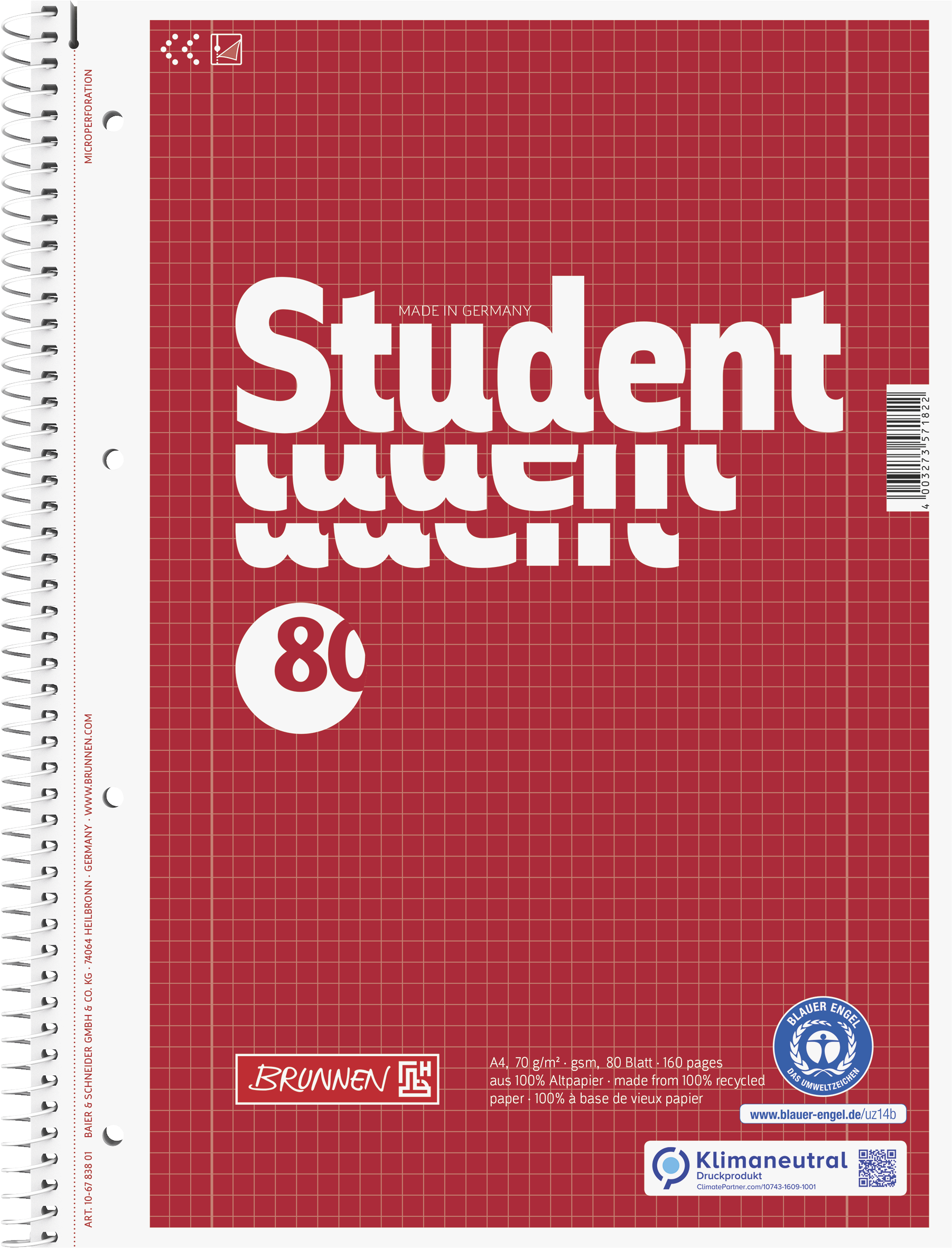 Brunnen College Block A4 kariert rot