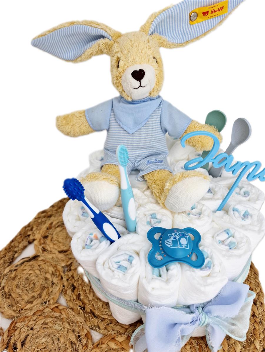 Windeltorte Pamperstorte mit Kuscheltier Steiff Hase Blau Windeltorte Pamperstorte mit Kuscheltier Steiff Hase Blau