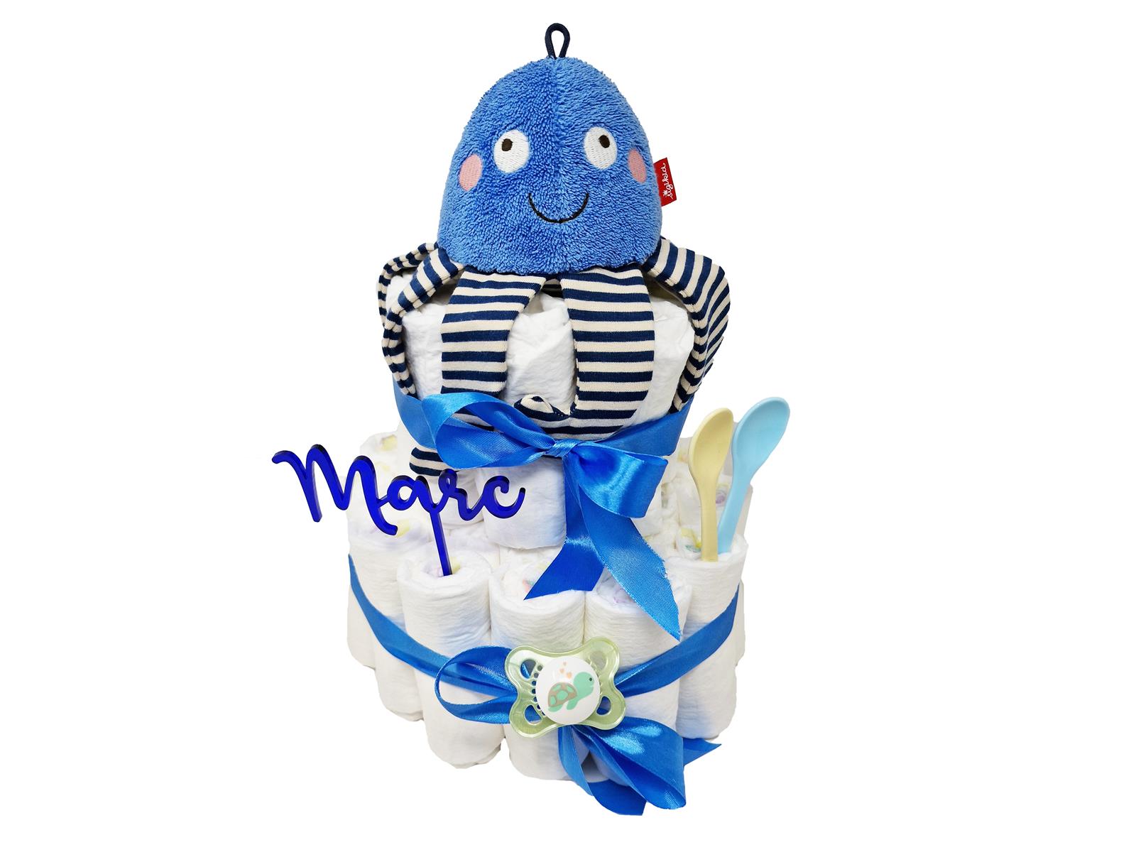 Elfenstall Windeltorte Pamperstorte Kuscheltier Oktopus und Acryltopper blau