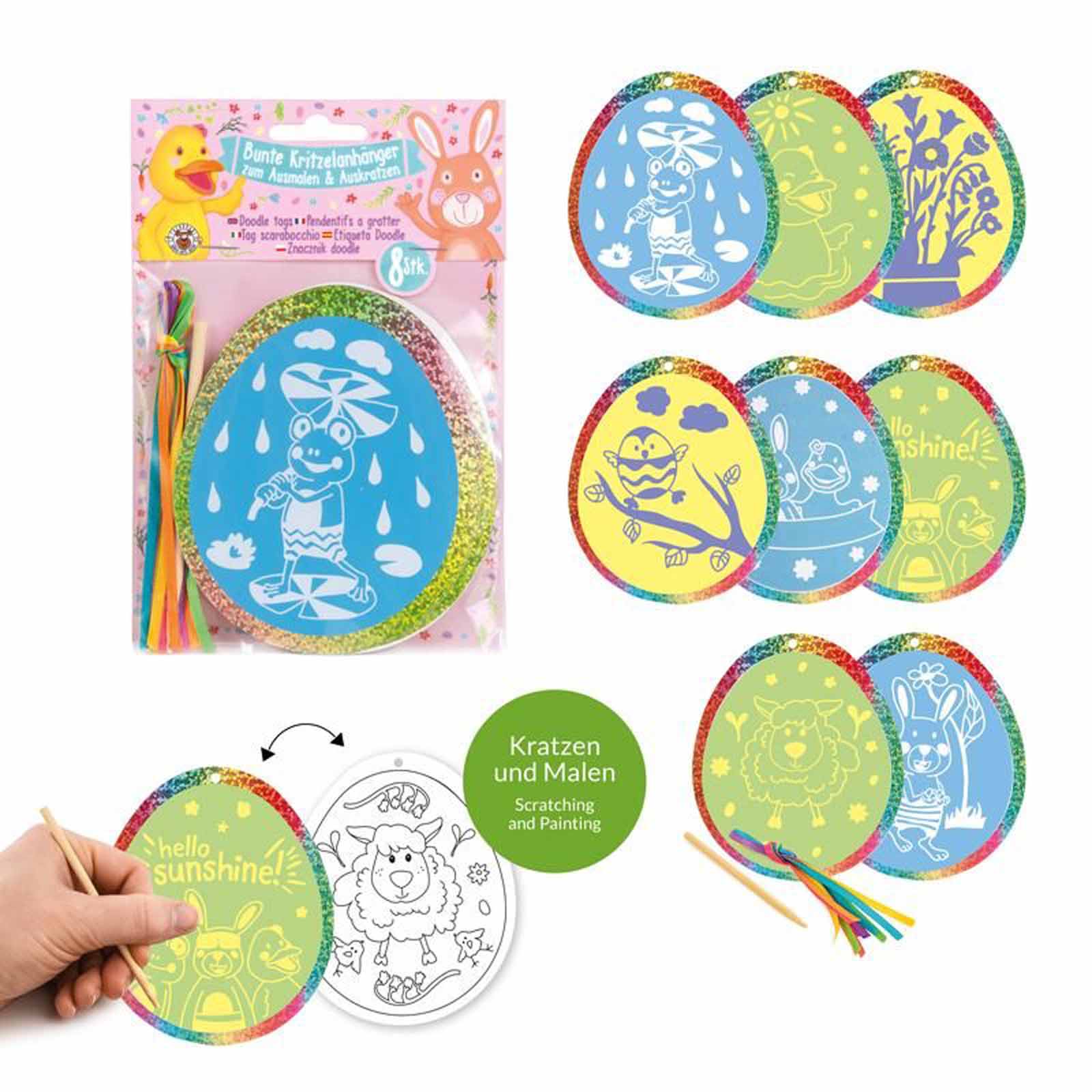 Trendhaus Tommy & Frida Kritzelanhänger zum Kratzen und Ausmalen 8er Set