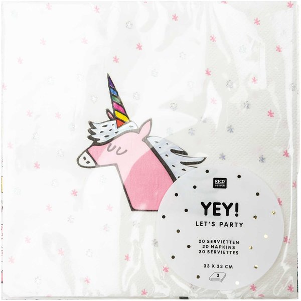 Rico Design YEY Let's Party Servietten Einhorn 33 x 33cm 20 Stück
