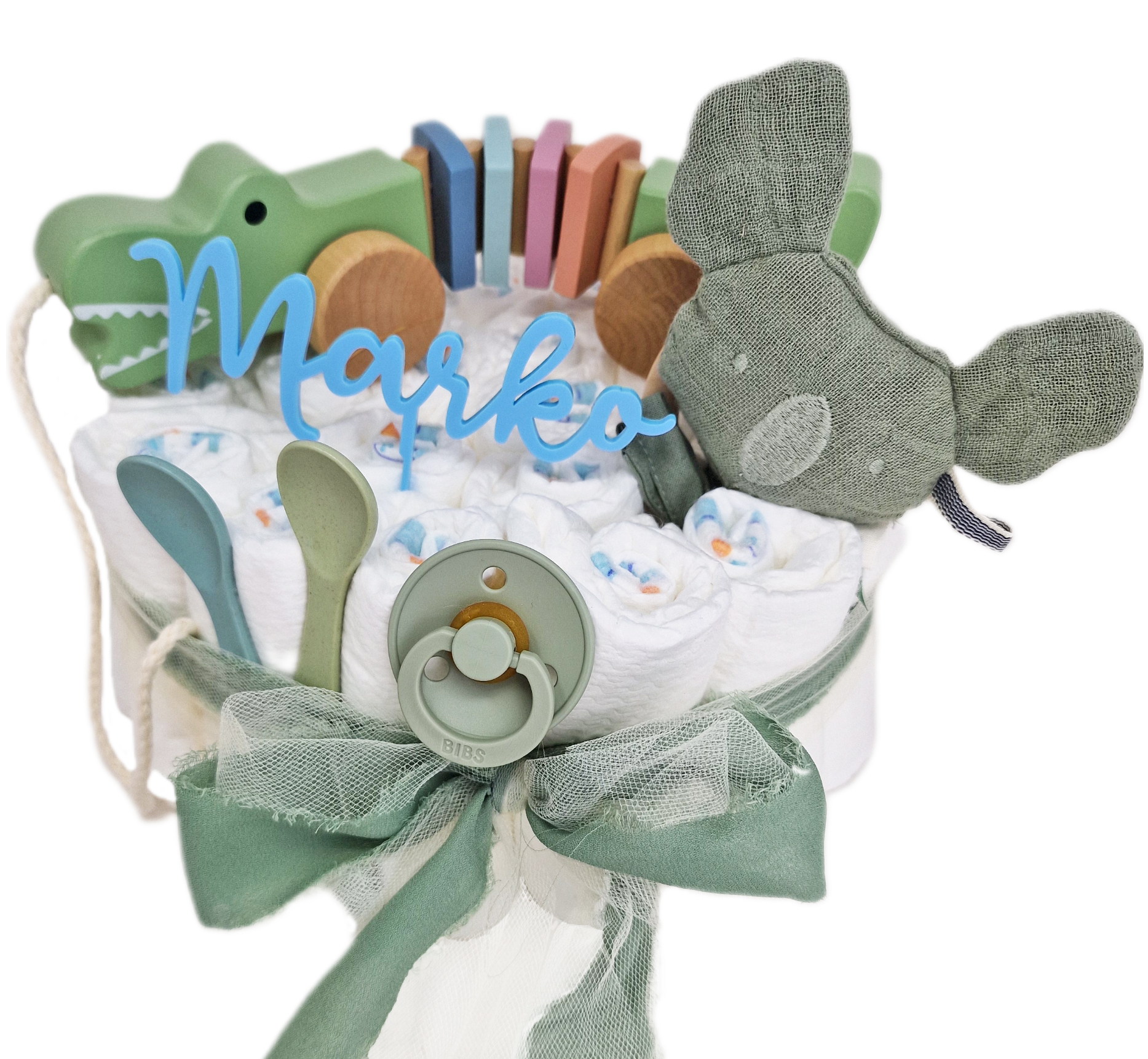 Elfenstall Windeltorte Pamperstorte mit Nachziehtier Krokodil Elfenstall Windeltorte Pamperstorte mit Nachziehtier Krokodil