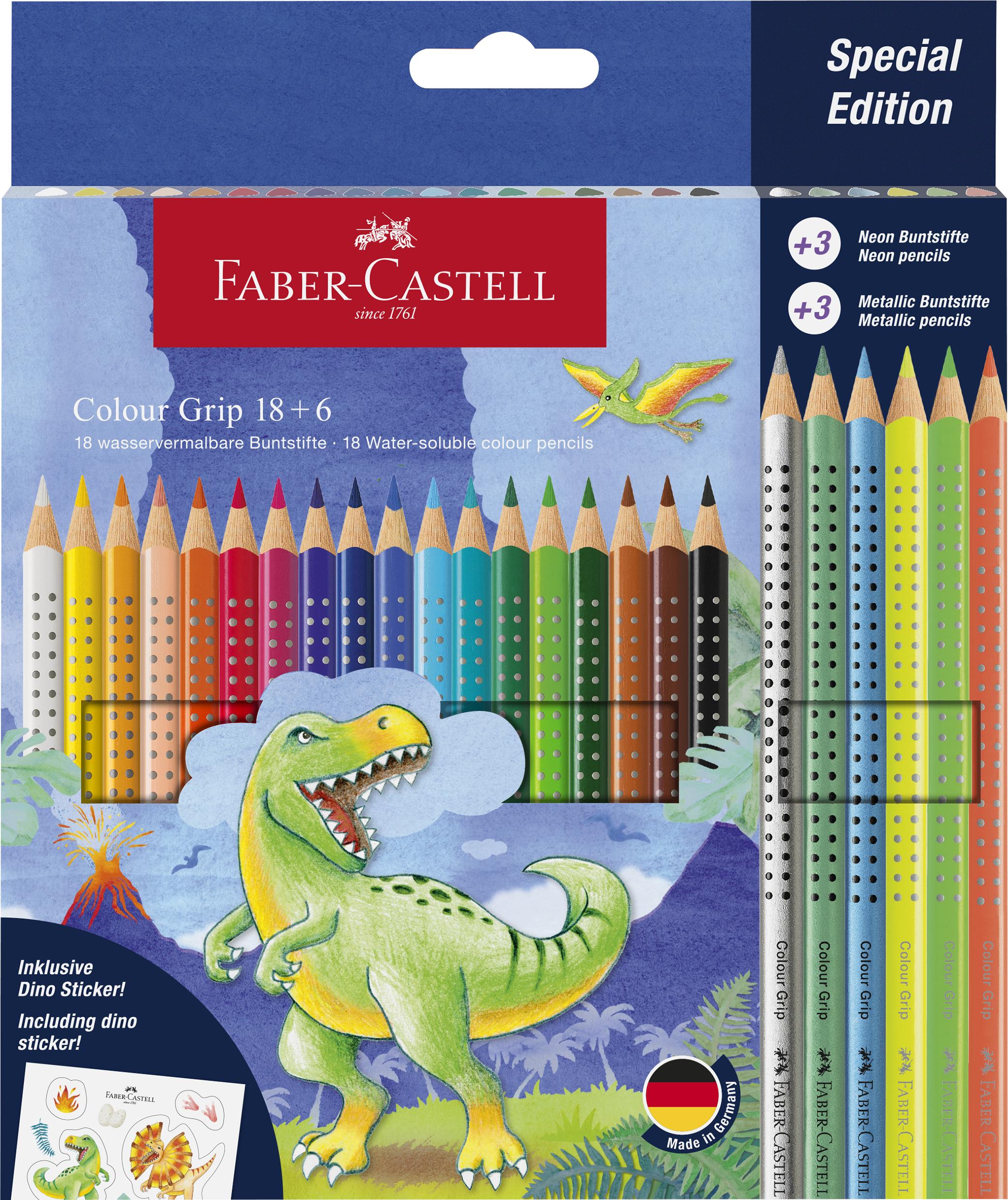 Faber Castell Colour Grip 18 + 6 wasservermalbare Buntstifte metallic Dino