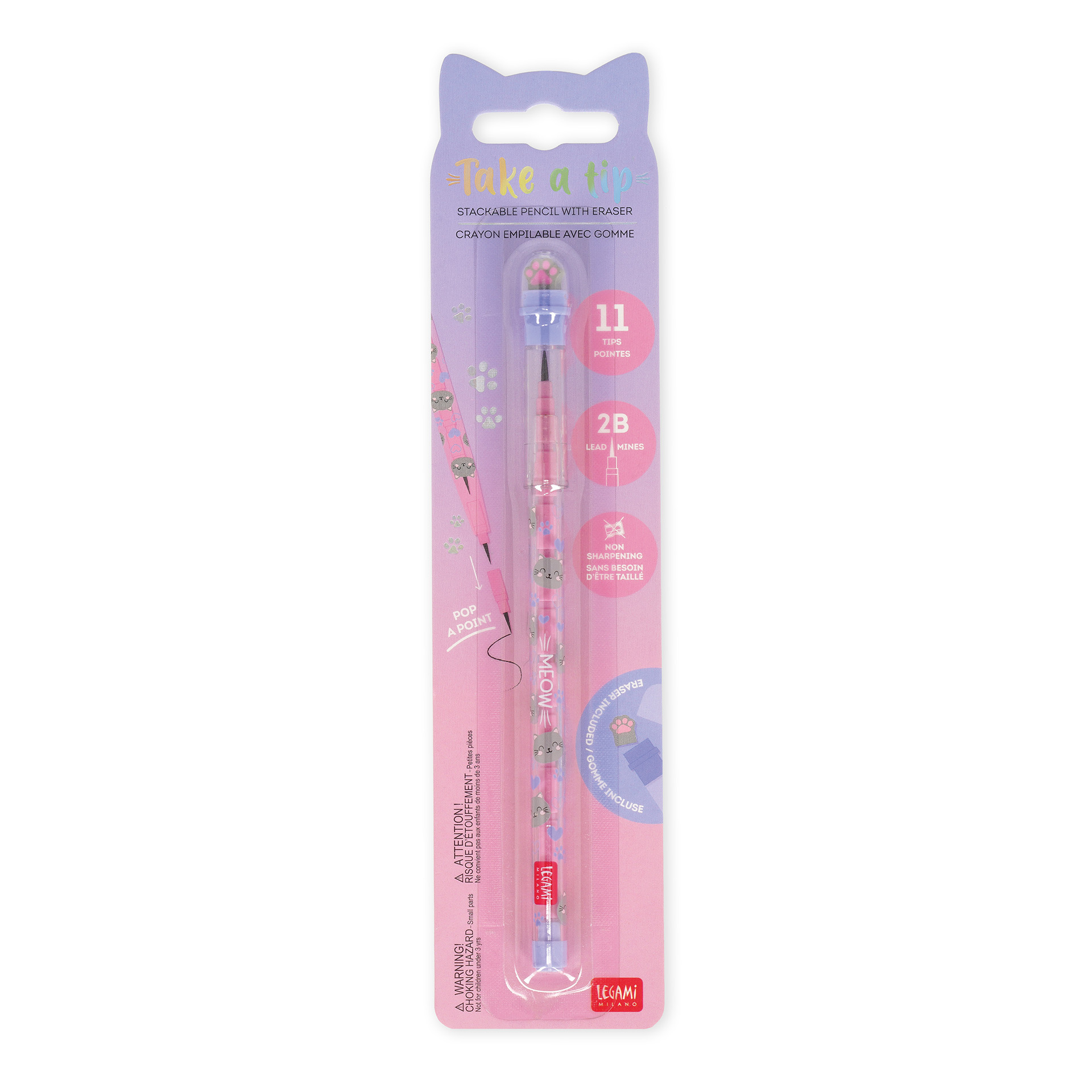 Legami Stapelbarer Bleistift mit Radiergummi Take a Tip Kitty Katze
