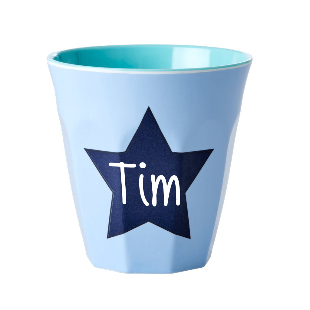 Elfenstall Rice Becher mit Wunsch-Namen personalisiert Medium Stern blau