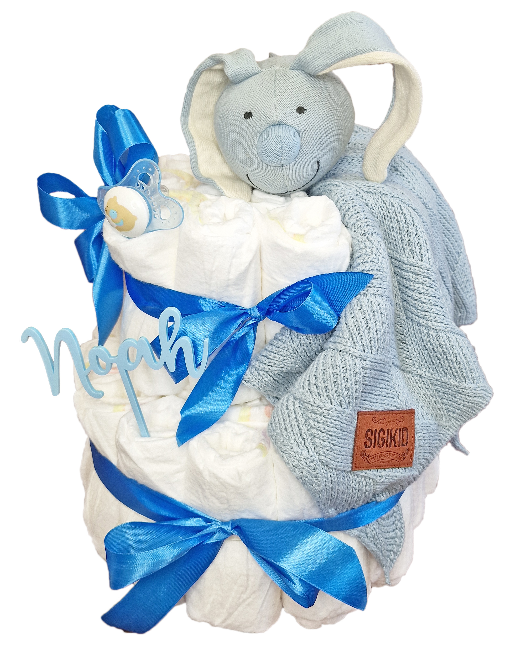 Elfenstall Windeltorte mit Sigikid Strick Schnuffeltuch Hase blau