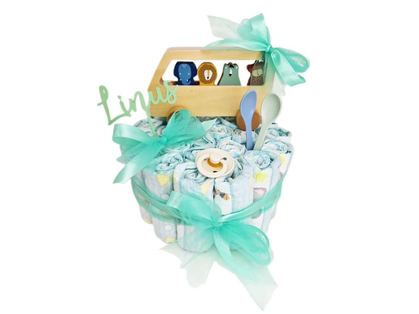 Elfenstall Windeltorte Pamperstorte mit Trixie Spielzeugbus Holz