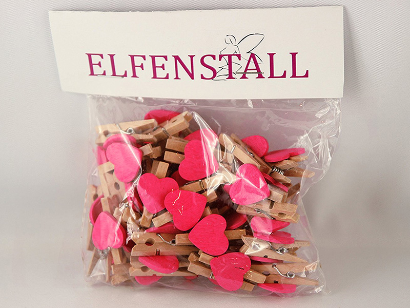 Elfenstall 50 Mini Holz Wäscheklammern / Holzklammern Herz pink