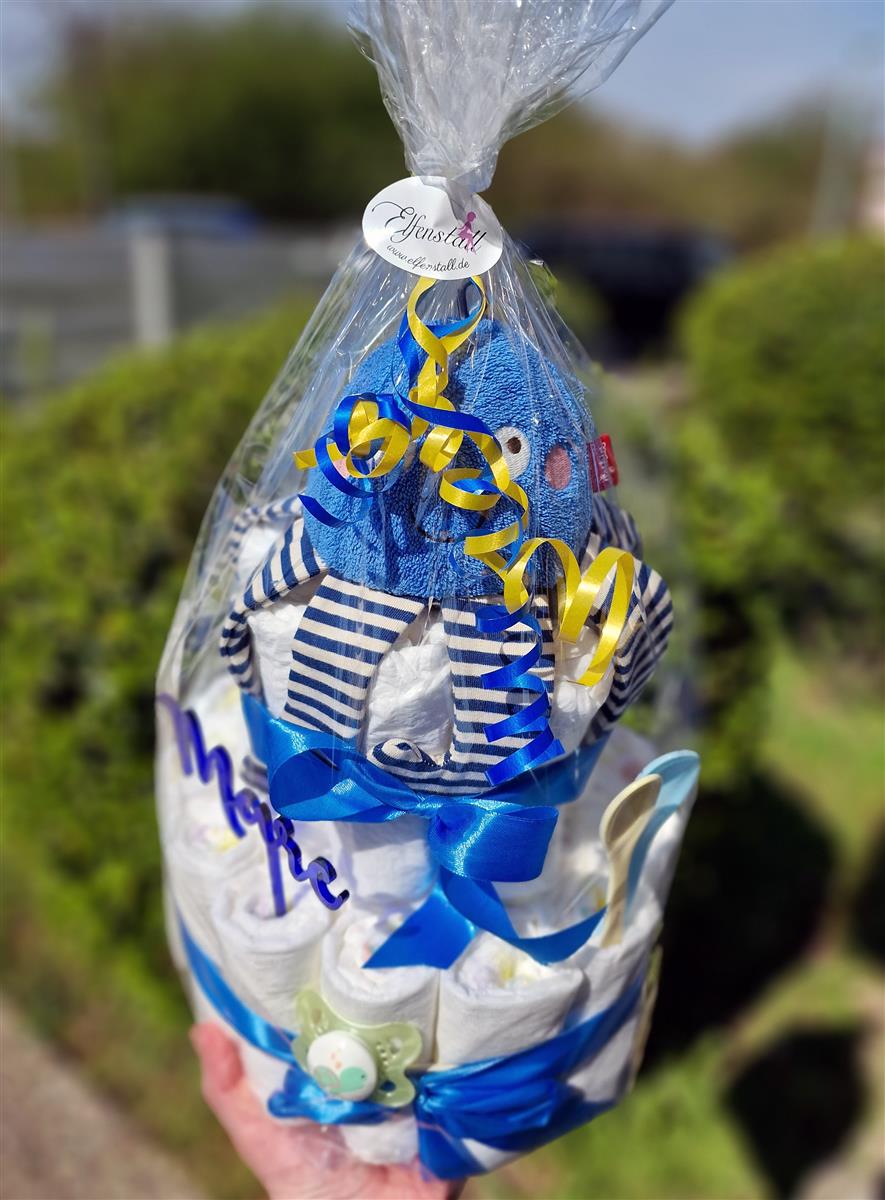 Elfenstall Windeltorte Pamperstorte Kuscheltier Oktopus und Acryltopper blau Elfenstall Windeltorte Pamperstorte Kuscheltier Oktopus und Acryltopper blau