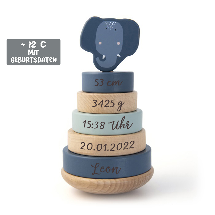 Trixie Baby Stapelturm mit Ringen aus Holz Mrs. Elephant Elefant blau