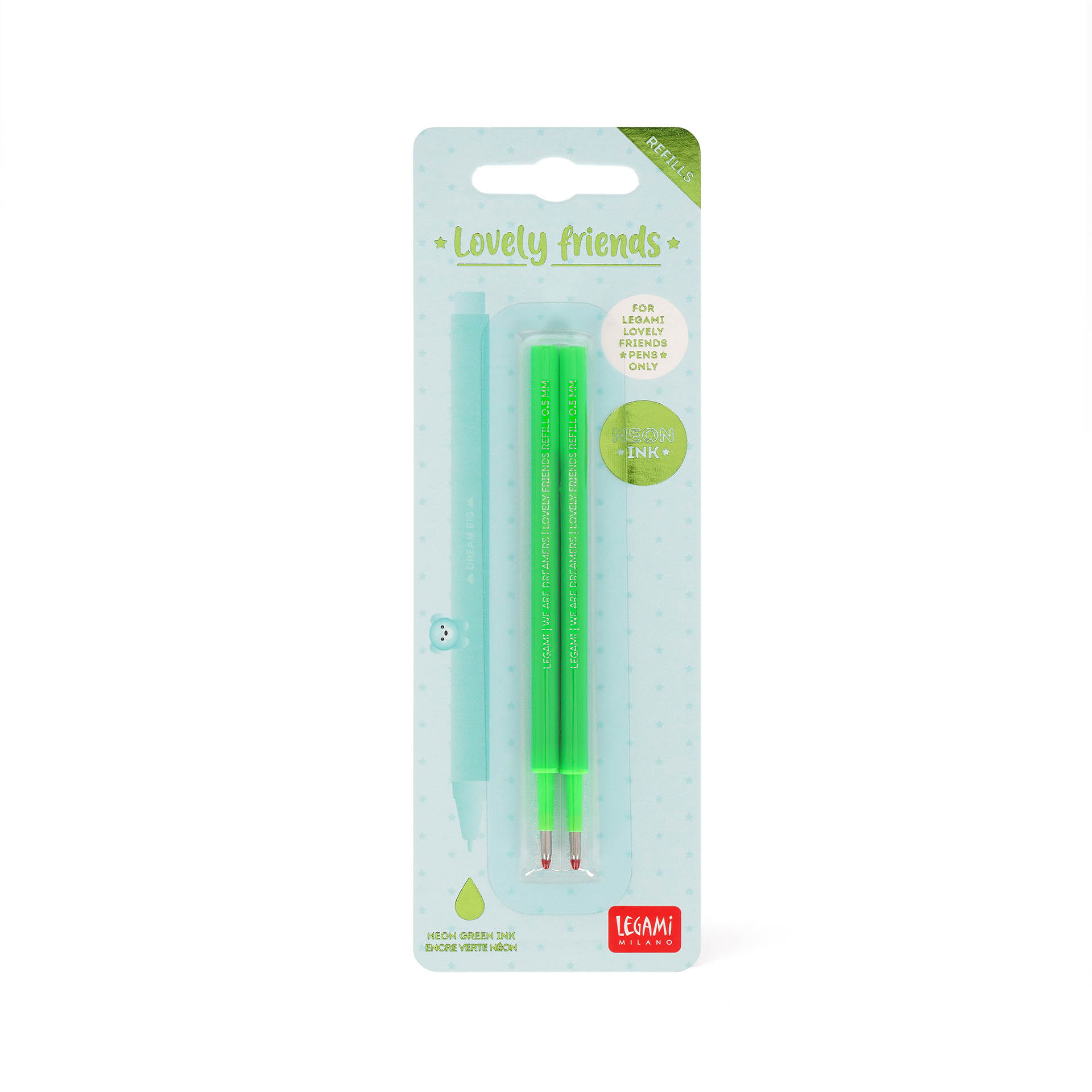 Legami Set 2 Ersatzpatronen für Gelstift Lovely Friends Neon Grün