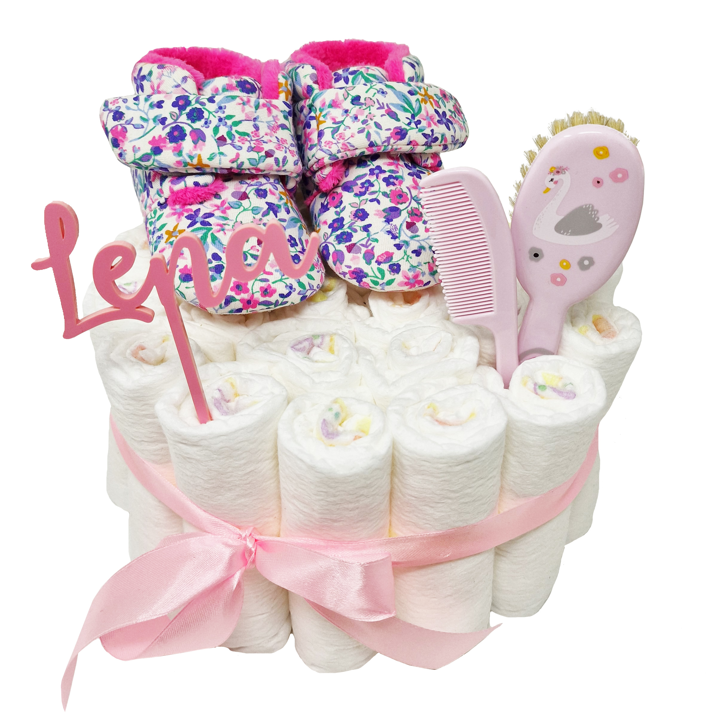Elfenstall Windeltorte mit süßen Krabbelschuhen und Acryltopper pink Elfenstall Windeltorte mit süßen Krabbelschuhen und Acryltopper pink