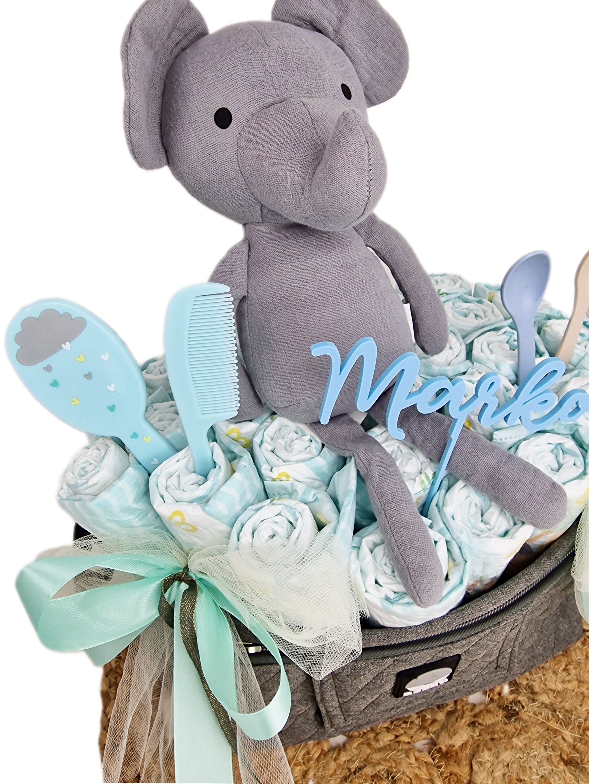 Elfenstall Windeltorte Pamperstorte Dooky Kinderwagentasche mit Stofftier Elefant Elfenstall Windeltorte Pamperstorte Dooky Kinderwagentasche mit Stofftier Elefant