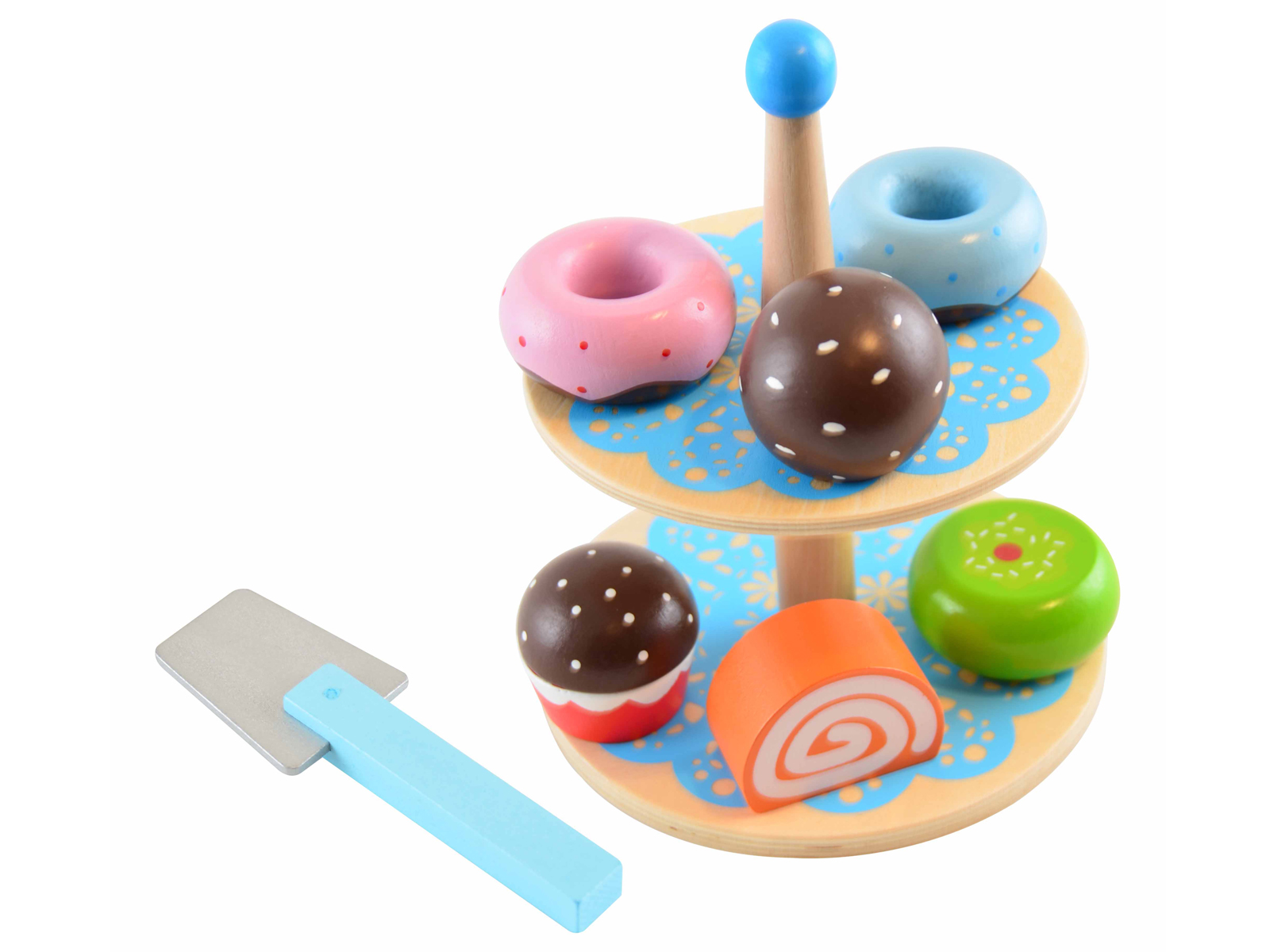 Magni Donut Kuchen-Etagere mit 6 Leckereien Donuts Törtchen Muffin aus Holz