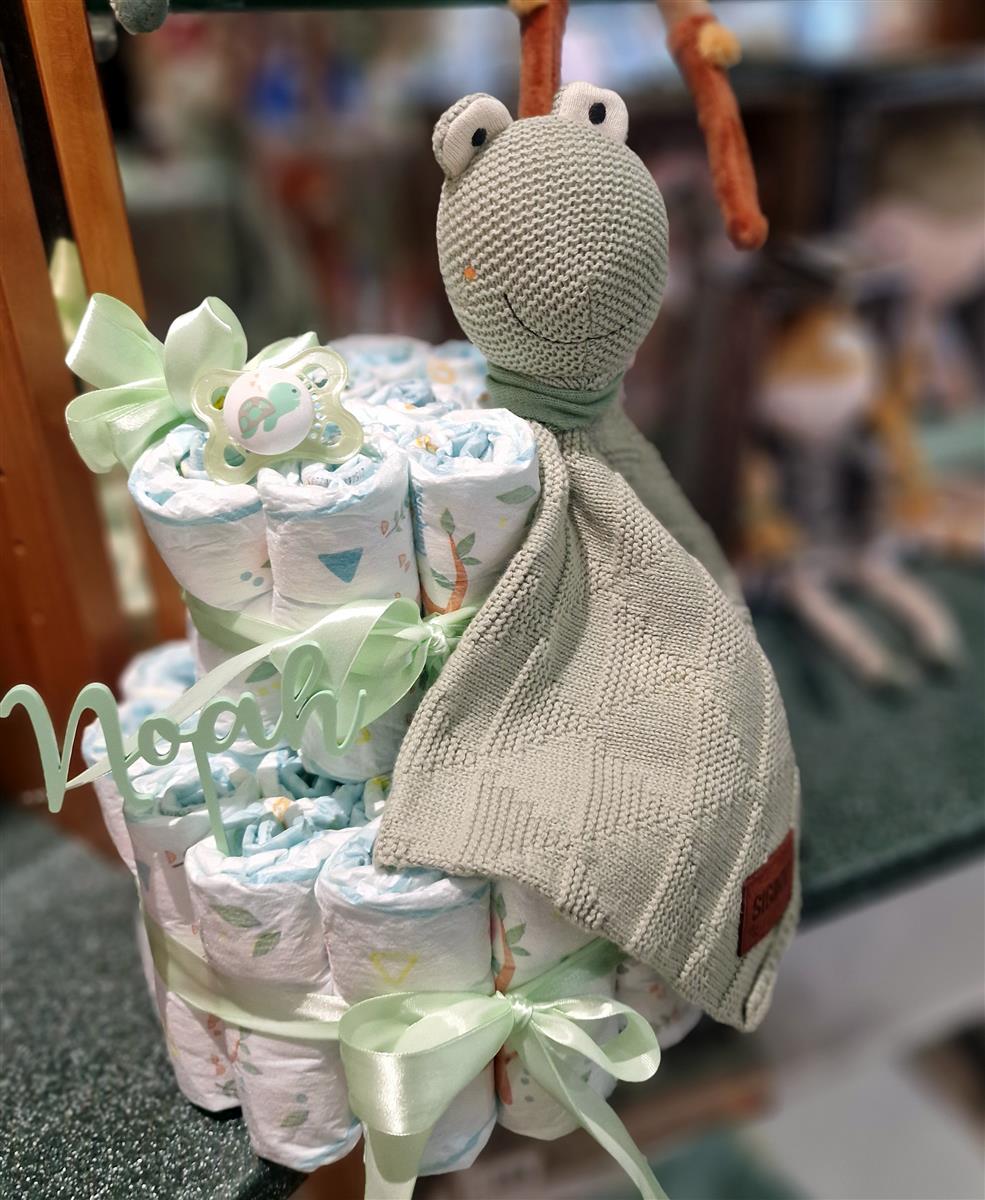 Elfenstall Windeltorte Pamperstorte mit Sigikid Strick Schnuffeltuch Frosch mint Elfenstall Windeltorte Pamperstorte mit Sigikid Strick Schnuffeltuch Frosch mint