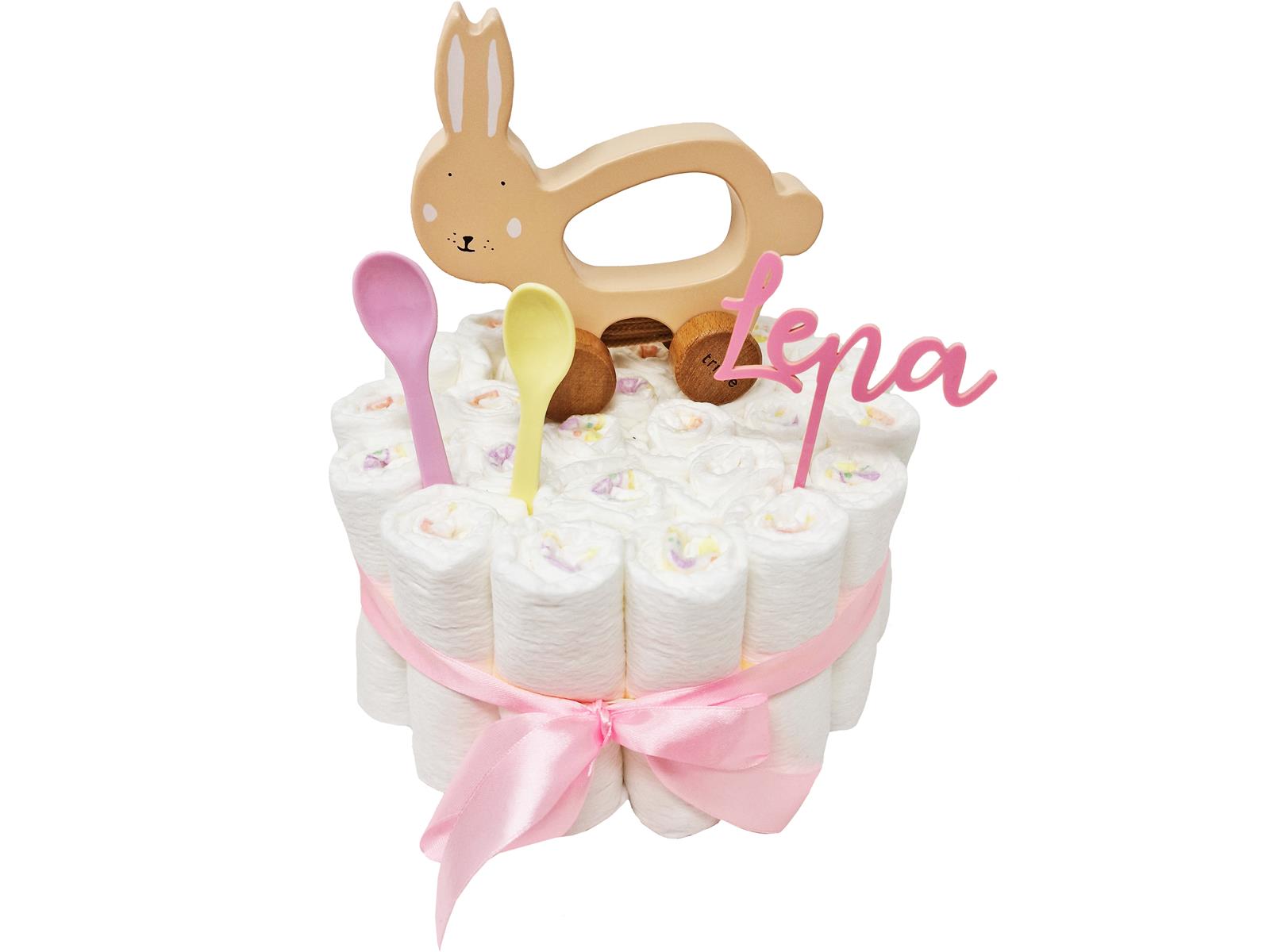 Elfenstall Windeltorte Pamperstorte mit süßem Nachziehtier Hase