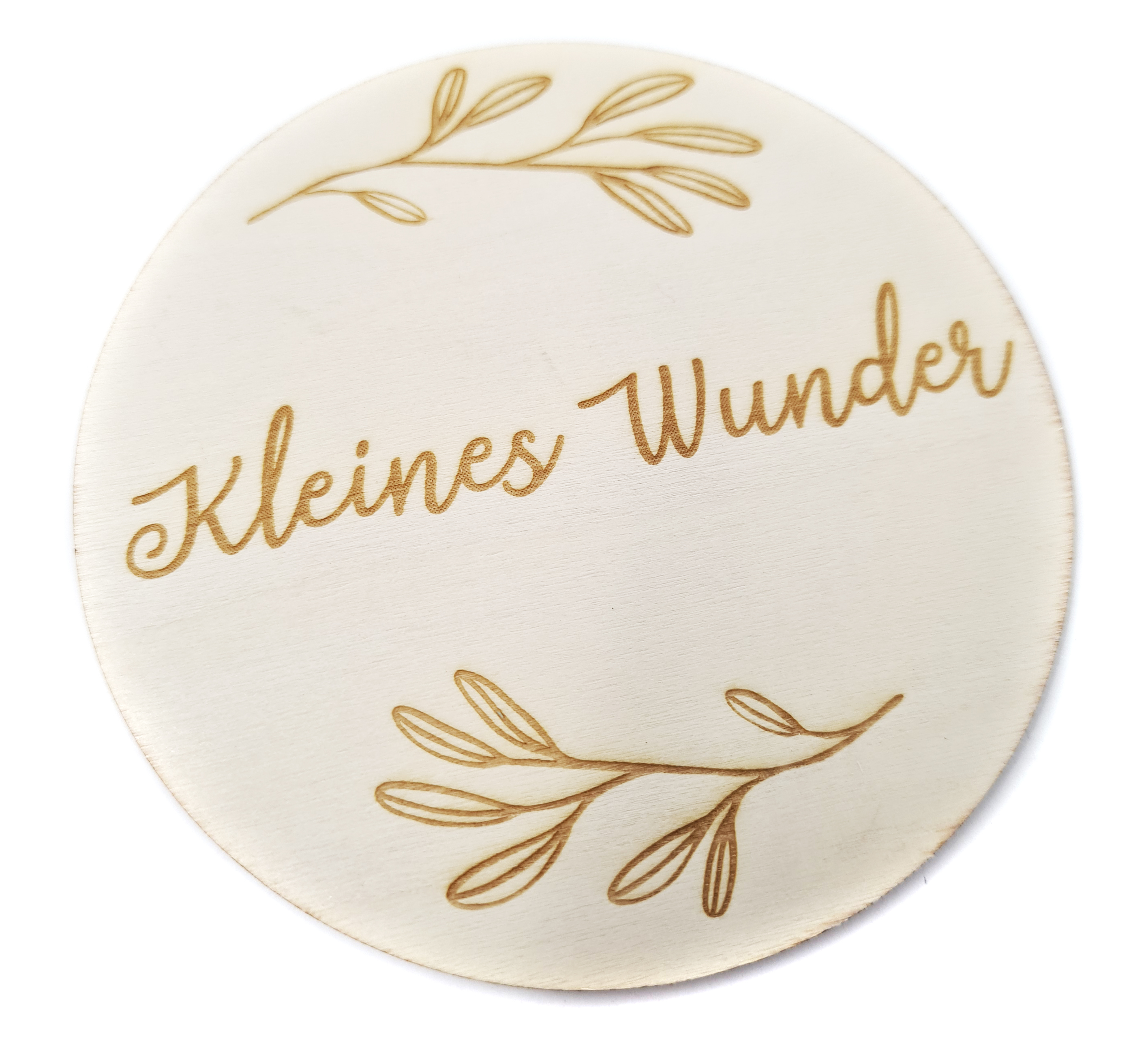 Holzscheibe "Kleines Wunder" mit Blättermotiv Geschenkanhänger 10 cm