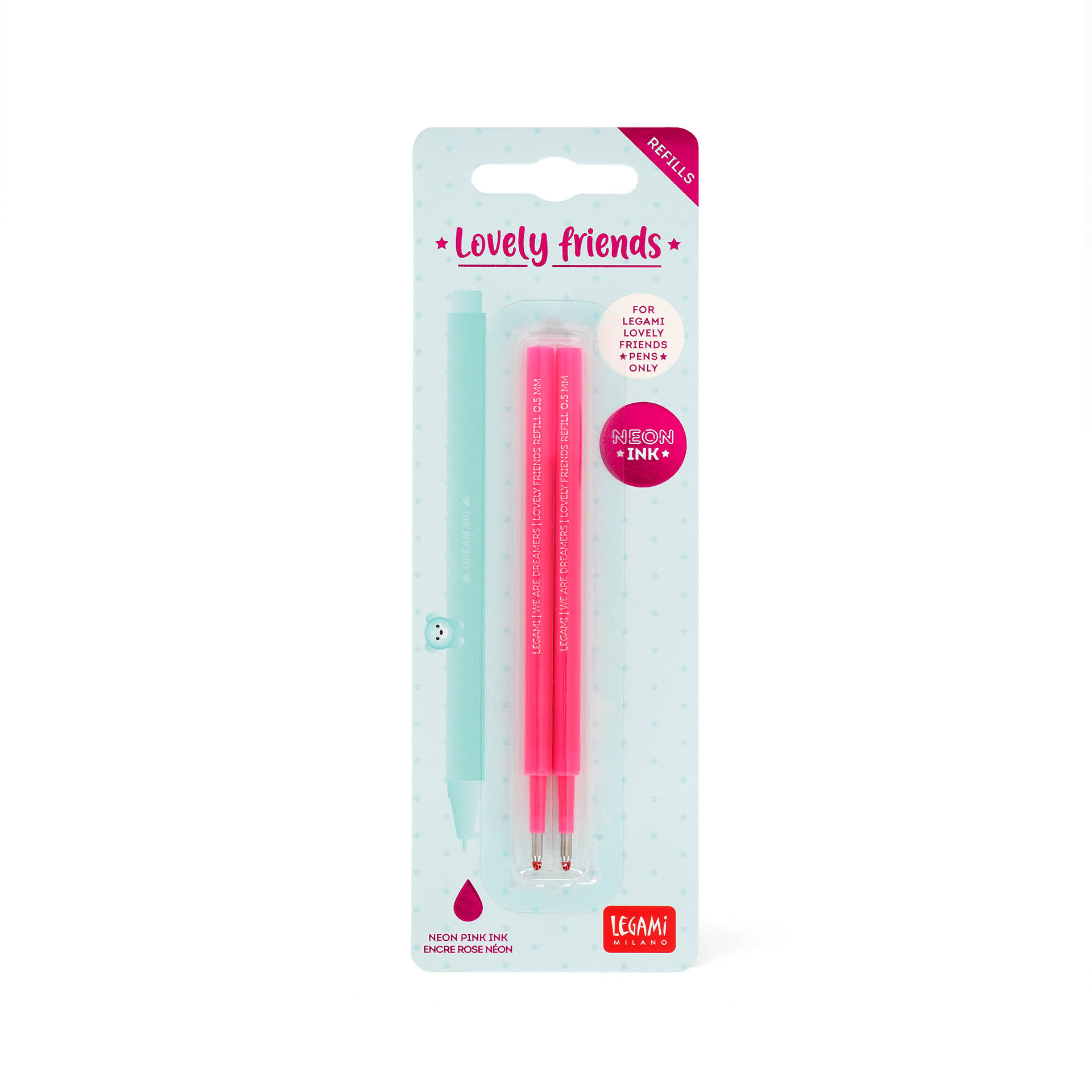 Legami Set 2 Ersatzpatronen für Gelstift Lovely Friends Neon Pink