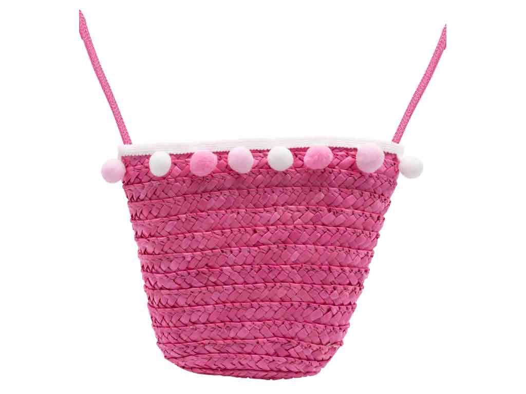Basttasche pink mit rosa Bommeln
