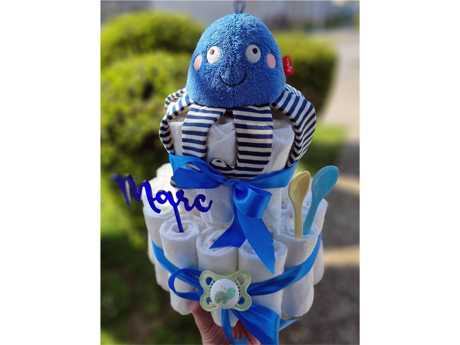 Elfenstall Windeltorte Pamperstorte Kuscheltier Oktopus und Acryltopper blau