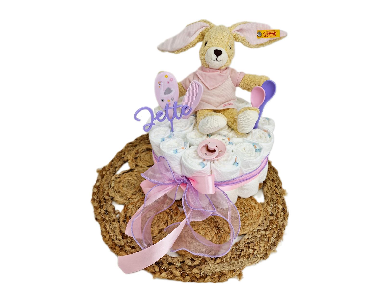 Windeltorte Pamperstorte mit Kuscheltier Steiff Hase Rosa