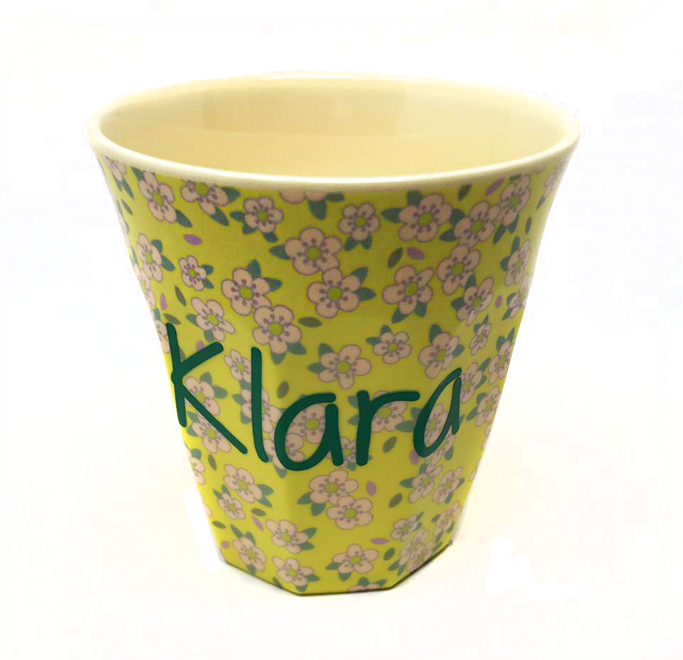 Elfenstall Rice Becher mit Wunsch-Namen personalisiert Medium Blumen Gelb