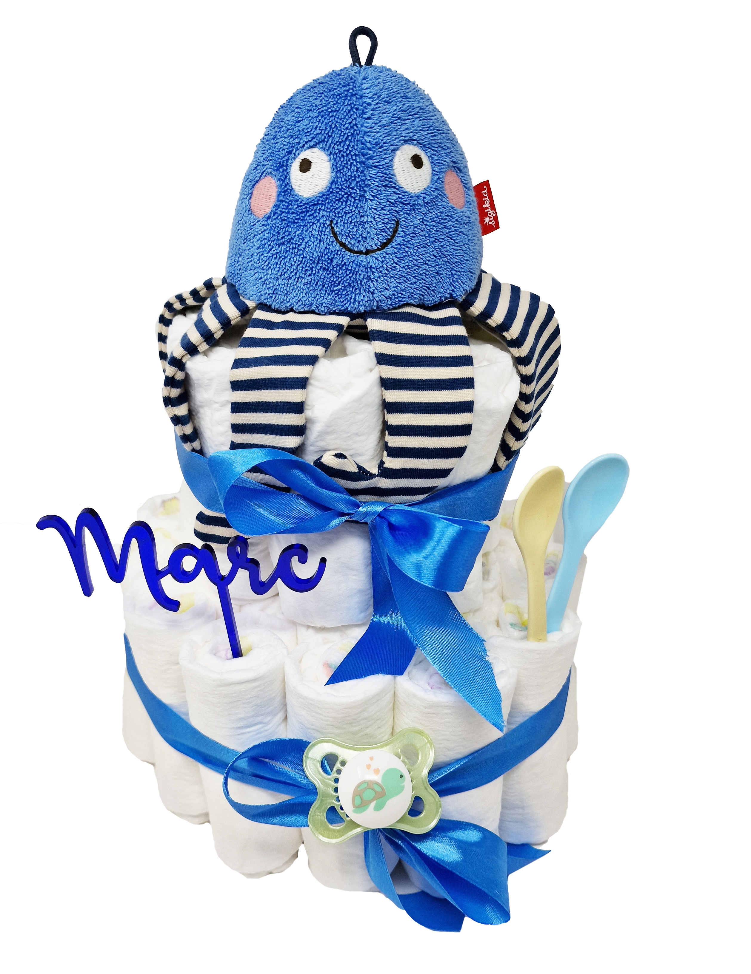 Elfenstall Windeltorte Pamperstorte Kuscheltier Oktopus und Acryltopper blau Elfenstall Windeltorte Pamperstorte Kuscheltier Oktopus und Acryltopper blau