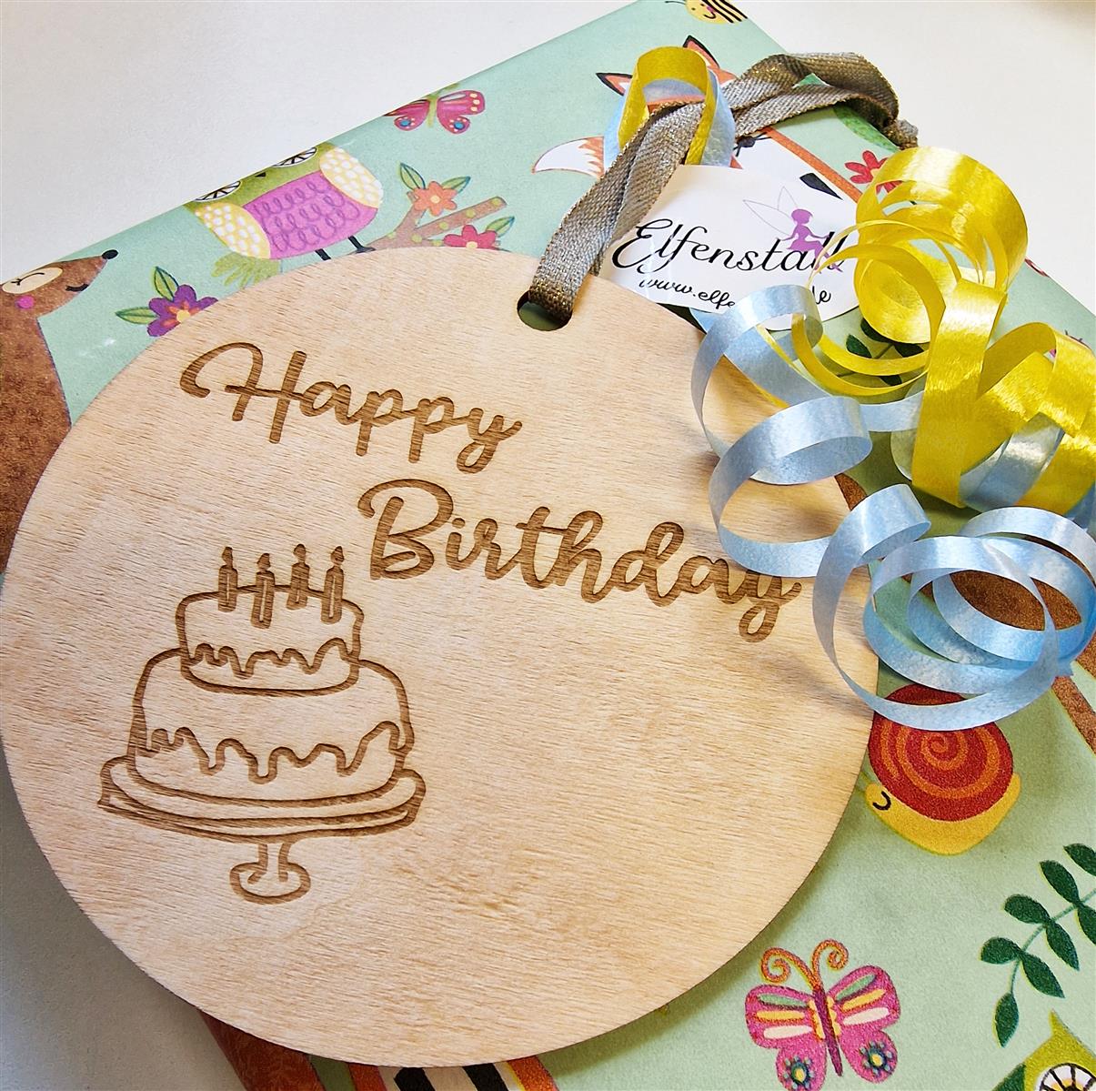 Holzscheibe Geburtstag Happy Birthday Torte Geschenkanhänger 10 cm