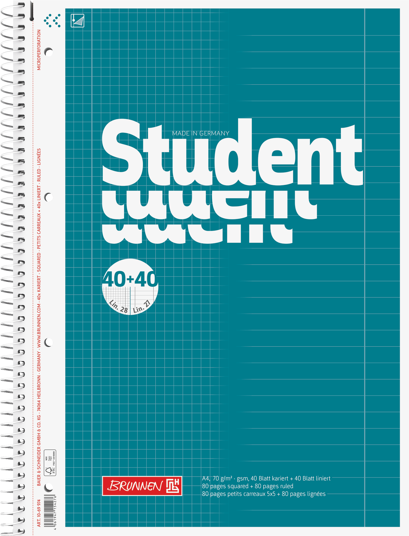 Brunnen Collegeblock Student Duo Lineatur 27+28 DIN A4 80 Blatt
