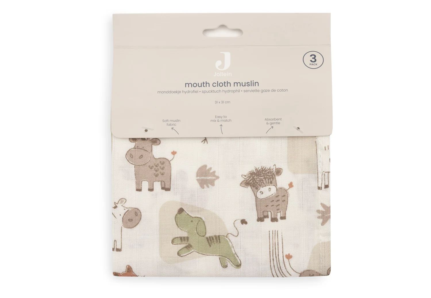 Jollein Spucktuch Hydrophil 31x31 cm Barn Buddies Farmtiere 3 Stk