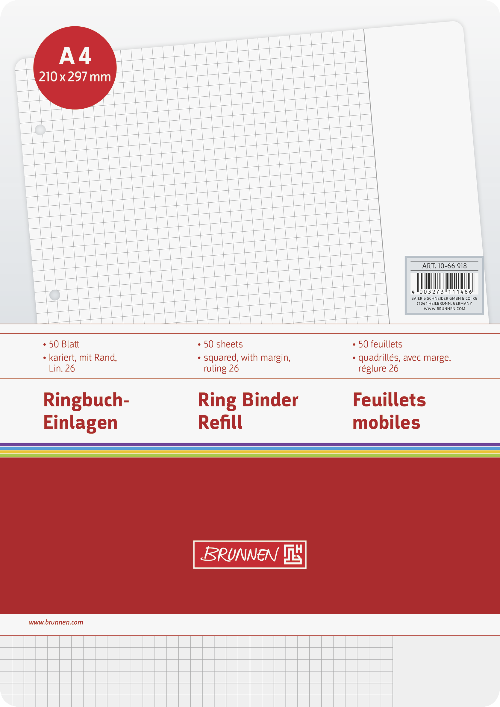 Brunnen Ringbucheinlagen Din A4 kariert mit Rand 50 Blatt Lin 26
