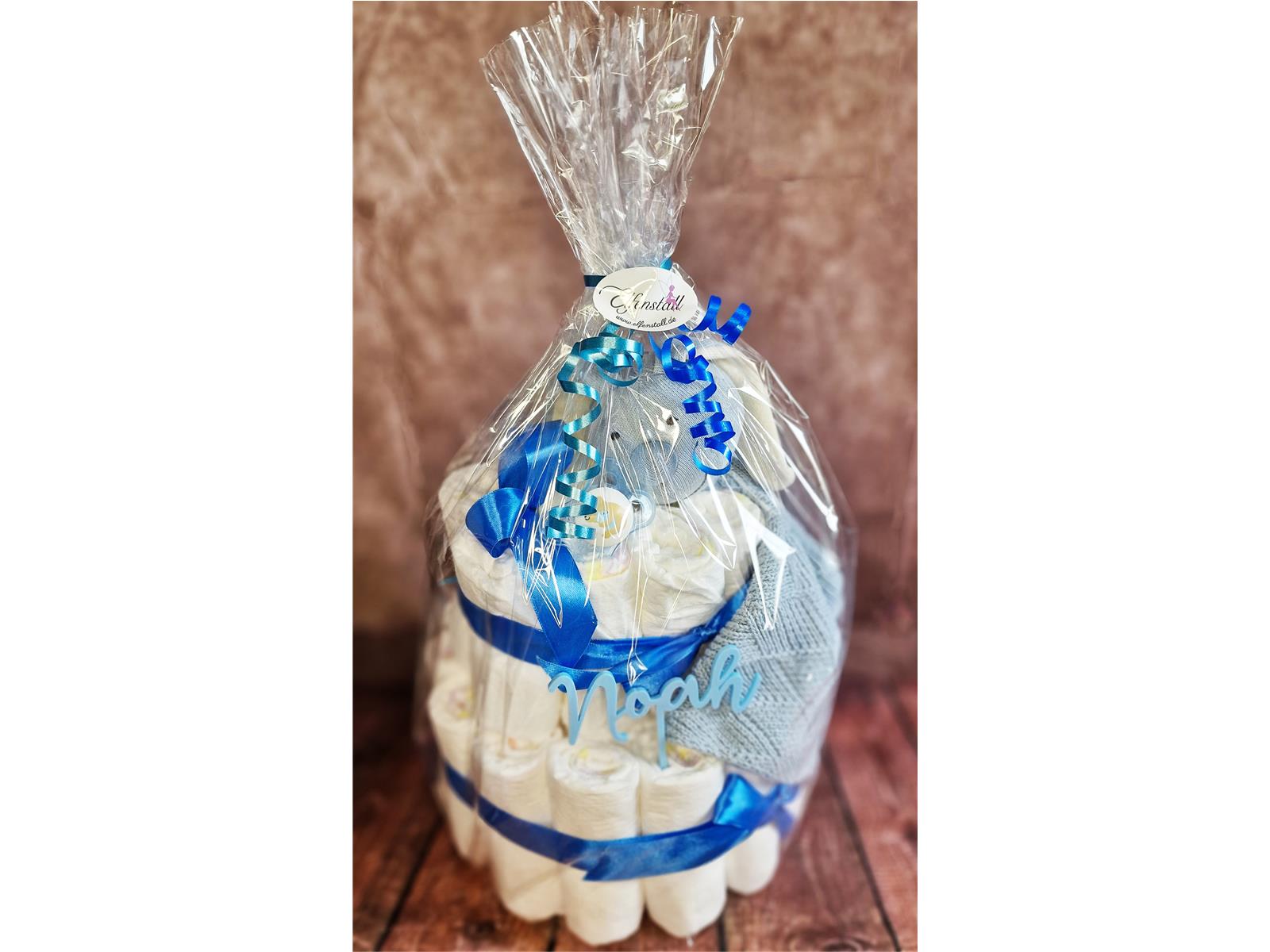 Elfenstall Windeltorte mit Sigikid Strick Schnuffeltuch Hase blau