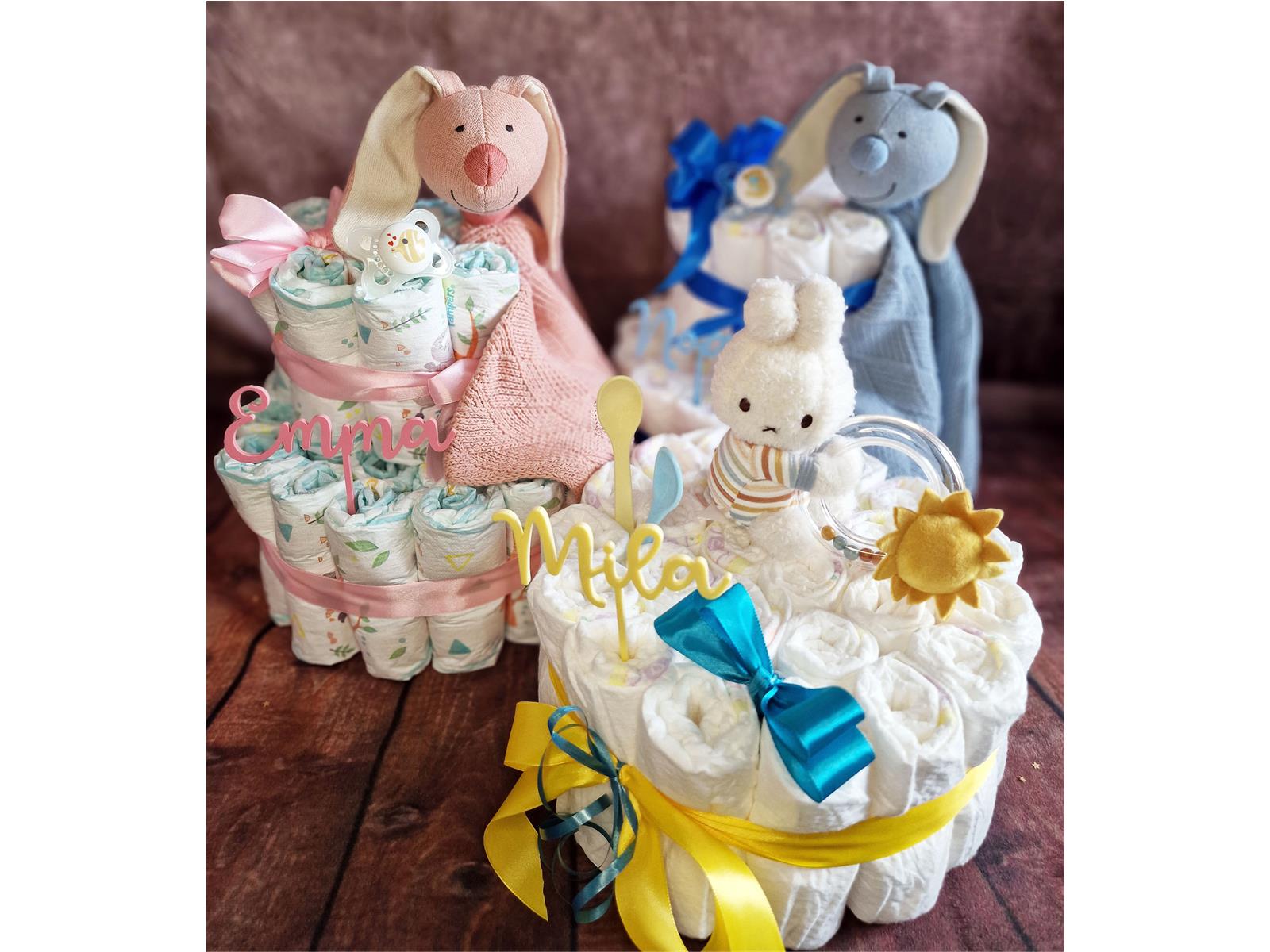 Elfenstall Windeltorte mit Sigikid Strick Schnuffeltuch Hase blau