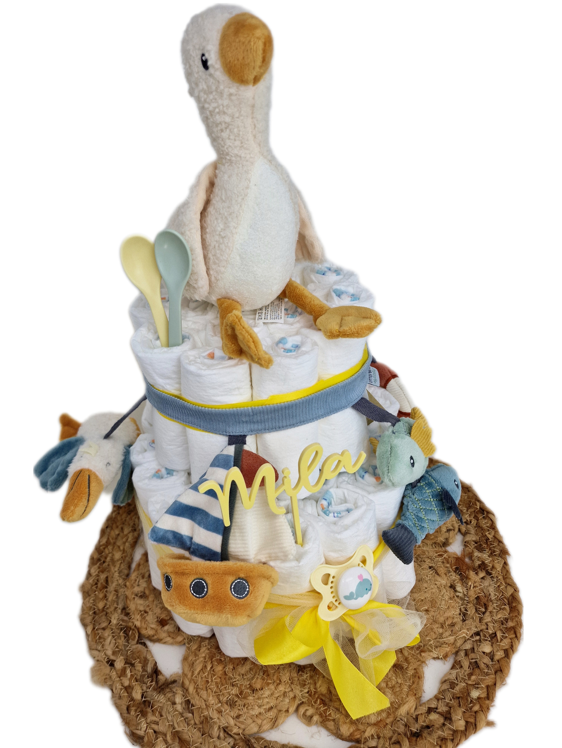 Elfenstall Windeltorte Pamperstorte mit Kinderwagenkette und personalisiertem Caketopper Elfenstall Windeltorte Pamperstorte mit Kinderwagenkette und personalisiertem Caketopper