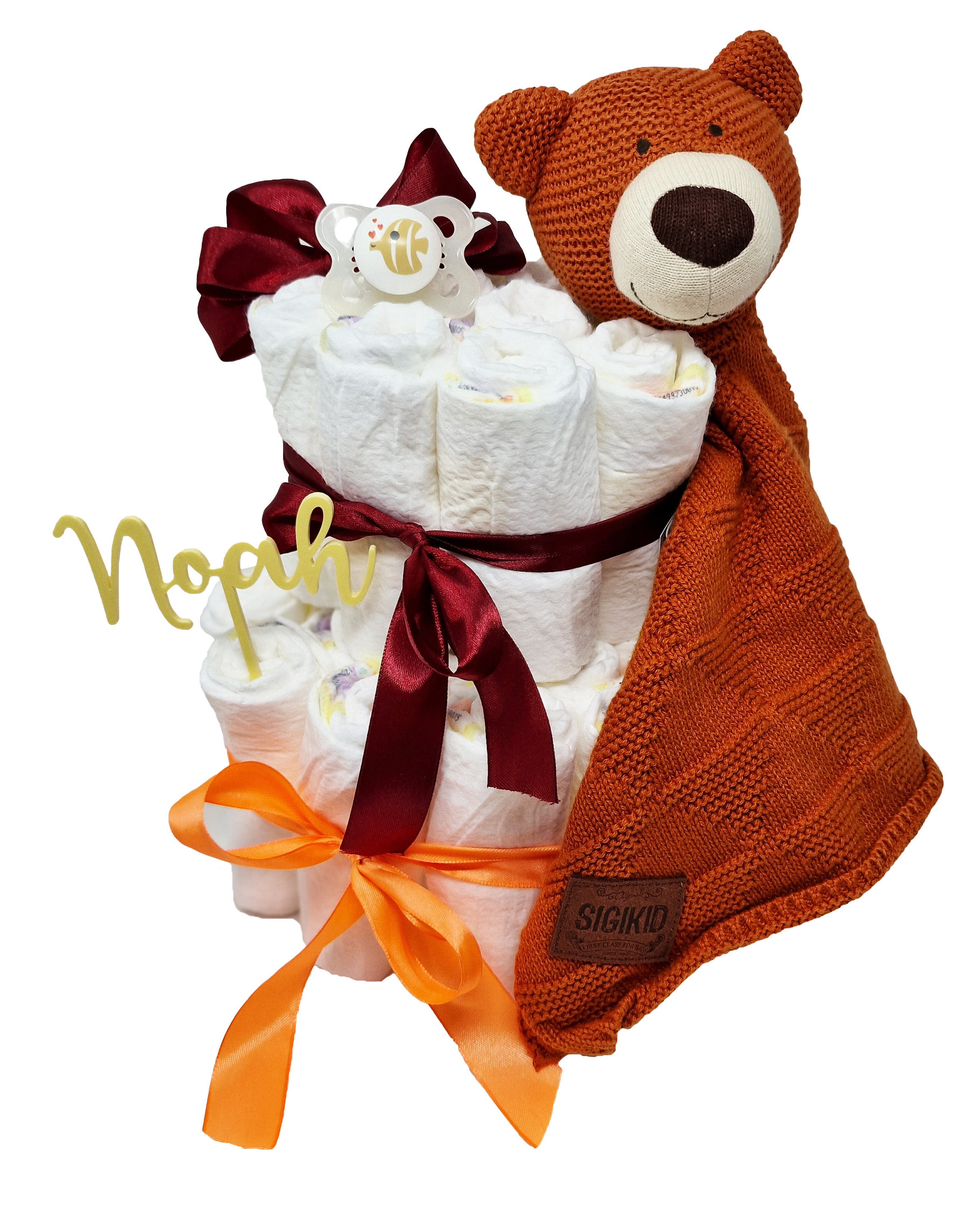Elfenstall Windeltorte Pamperstorte mit Sigikid Strick Schnuffeltuch Bär braun