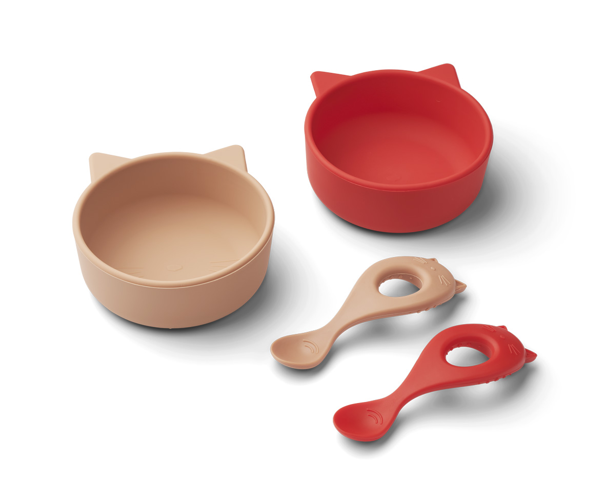 Liewood Silikon Schüssel und Löffel Set Katze tuscany rose / rot