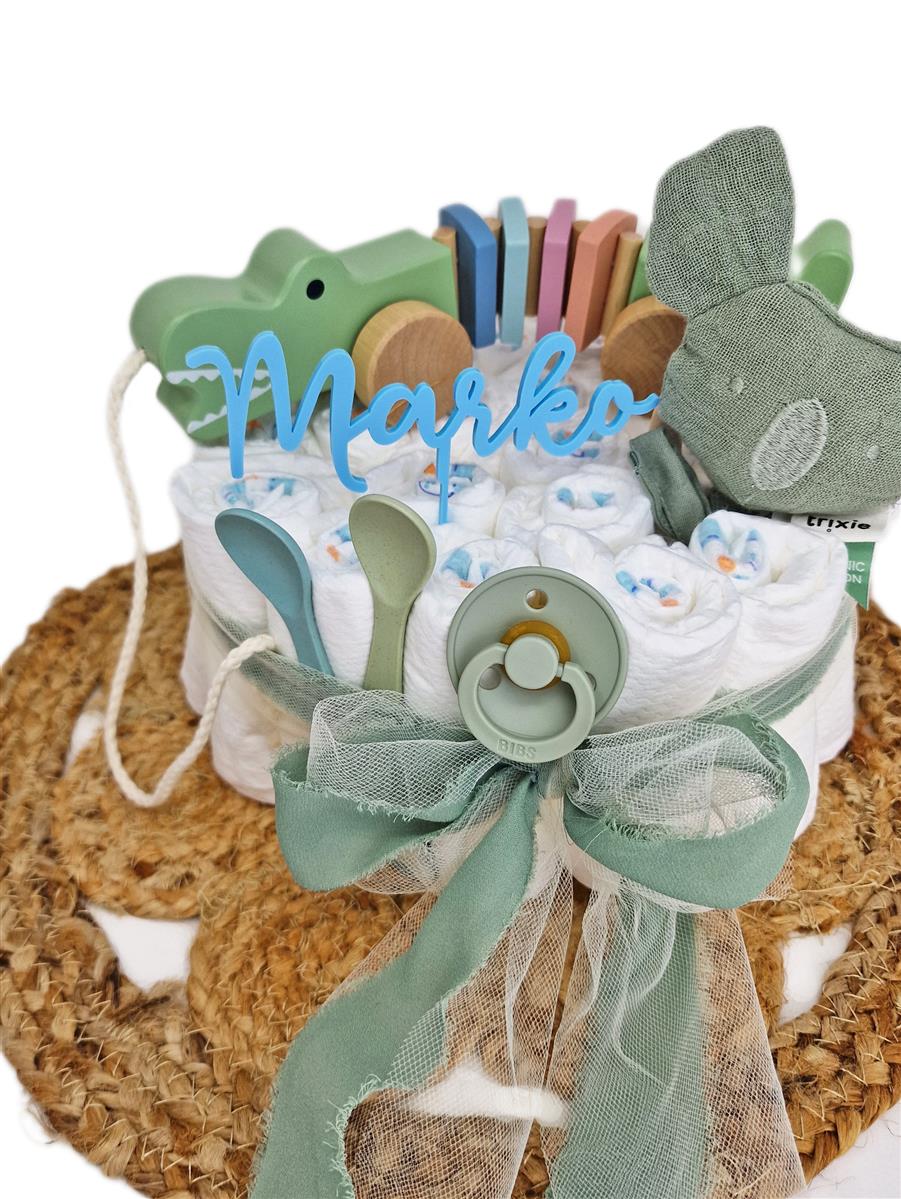 Elfenstall Windeltorte Pamperstorte mit Nachziehtier Krokodil Elfenstall Windeltorte Pamperstorte mit Nachziehtier Krokodil