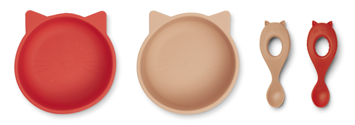 Liewood Silikon Schüssel und Löffel Set Katze tuscany rose / rot