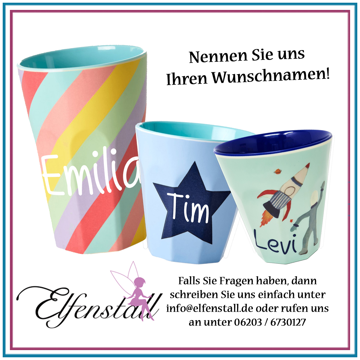Elfenstall Rice Becher mit Wunsch-Namen personalisiert Medium Karomuster creme Elfenstall Rice Becher mit Wunsch-Namen personalisiert Medium Karomuster creme