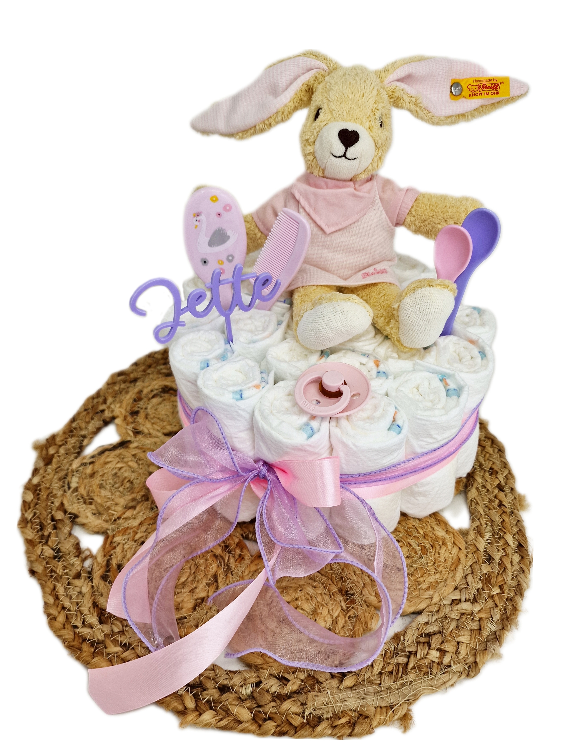 Windeltorte Pamperstorte mit Kuscheltier Steiff Hase Rosa Windeltorte Pamperstorte mit Kuscheltier Steiff Hase Rosa