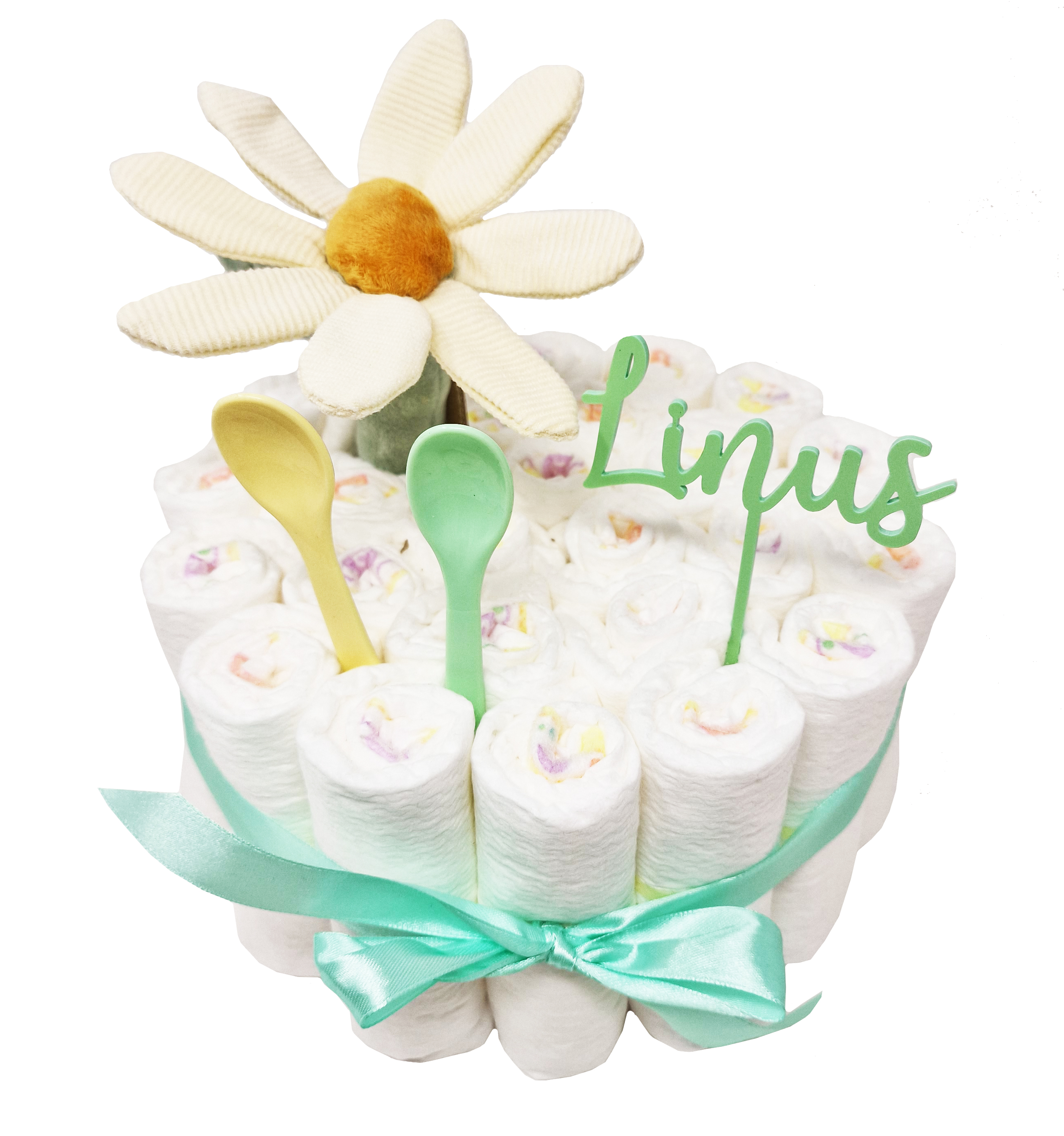 Elfenstall Windeltorte Pamperstorte mit Blumenrassel und Acryltopper