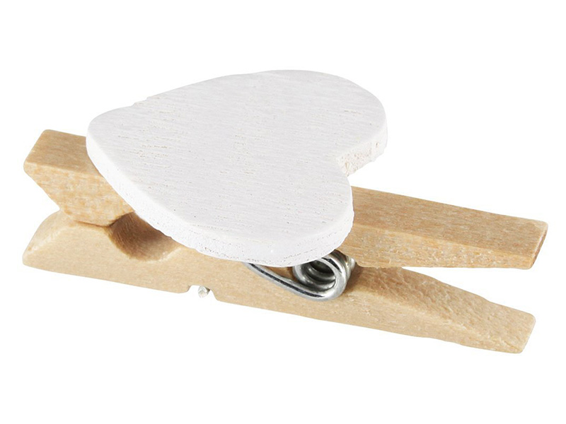 Elfenstall 50 Mini Holz Wäscheklammern / Holzklammern Herz weiß