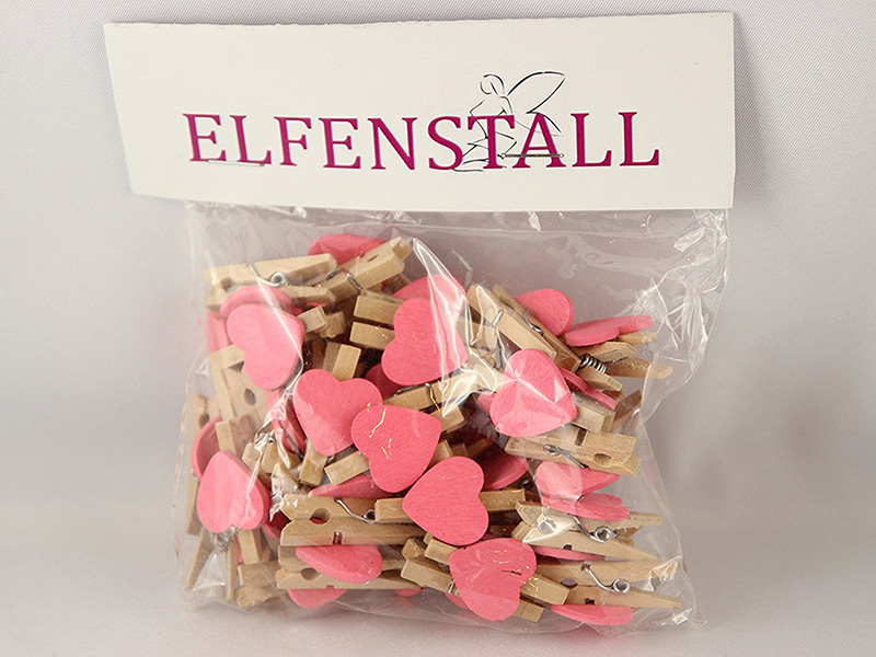 Elfenstall 50 Mini Holz Wäscheklammern / Holzklammern Herz rosa
