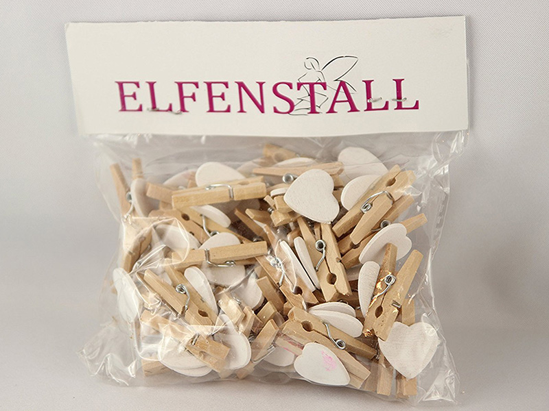 Elfenstall 50 Mini Holz Wäscheklammern / Holzklammern Herz weiß