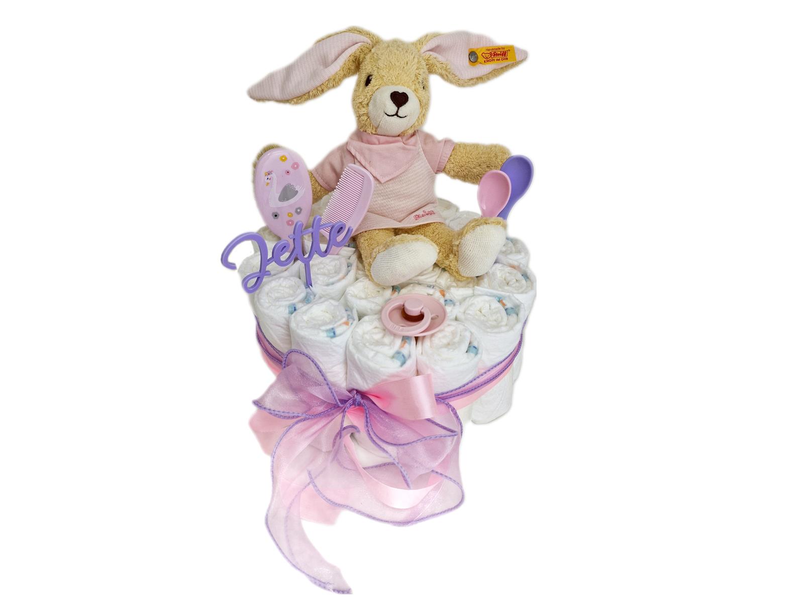 Windeltorte Pamperstorte mit Kuscheltier Steiff Hase Rosa