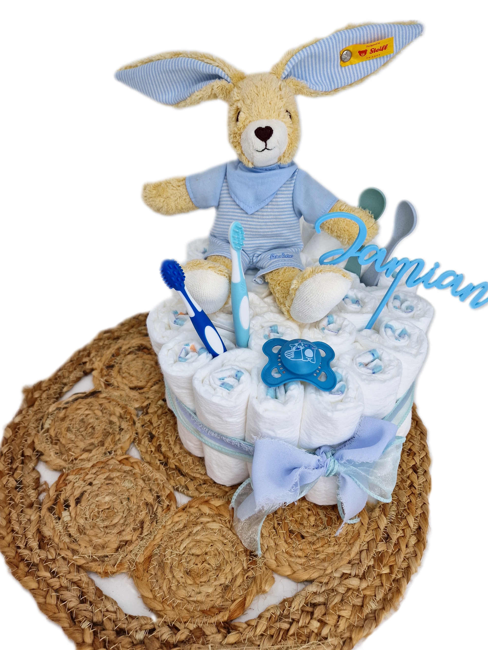 Windeltorte Pamperstorte mit Kuscheltier Steiff Hase Blau Windeltorte Pamperstorte mit Kuscheltier Steiff Hase Blau