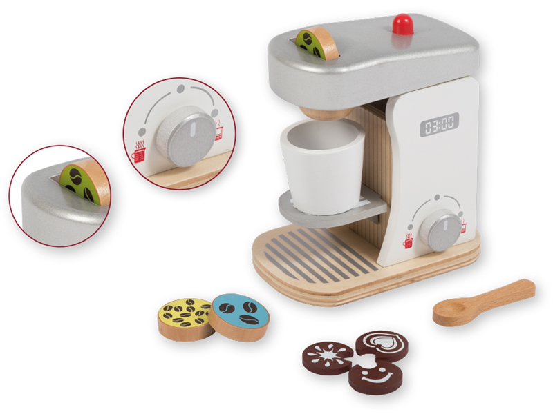 Jouéco Kinder Kaffeemaschine Kaffeeautomat Kapselmaschine mit Zubehör aus Holz