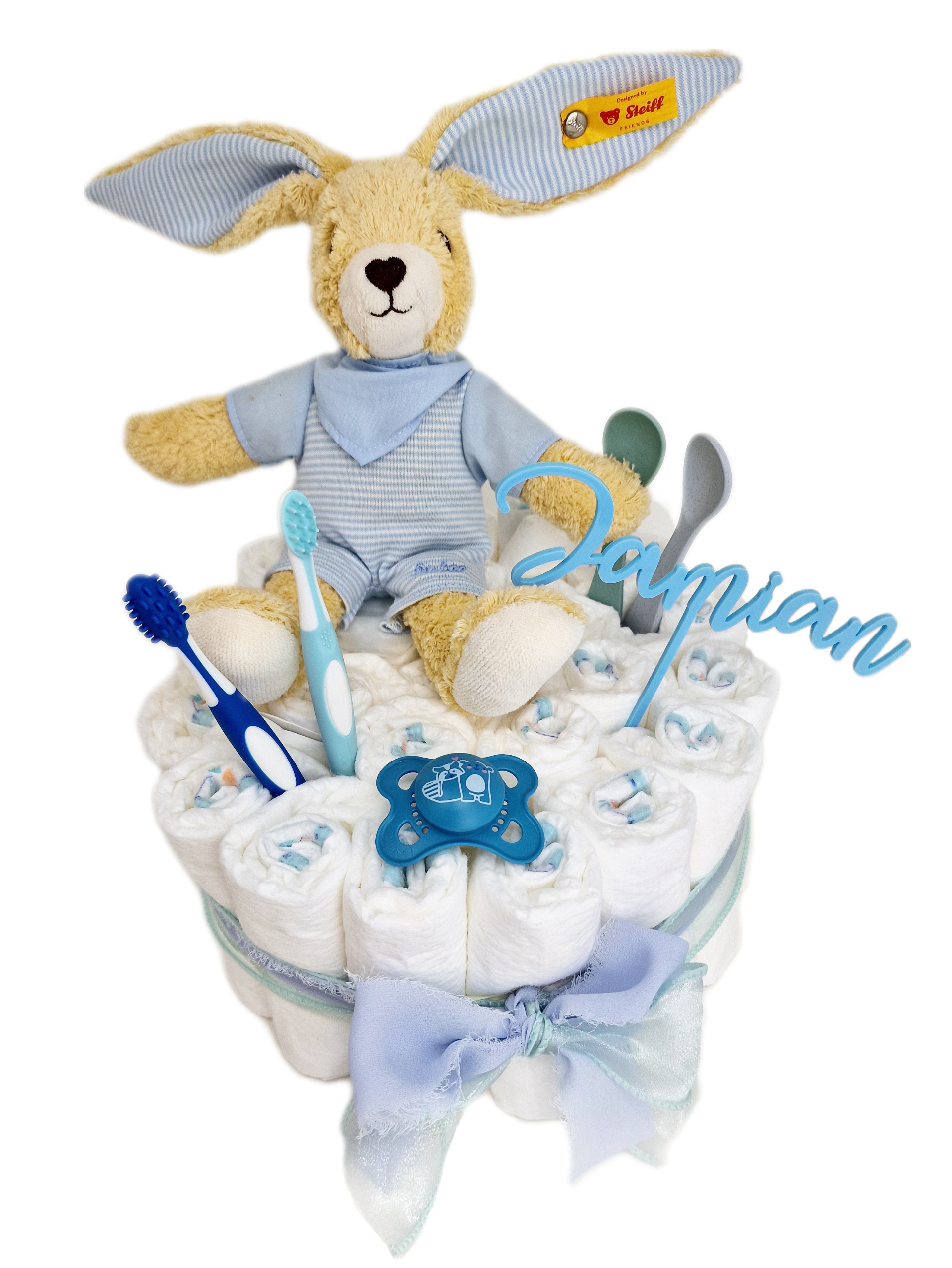 Windeltorte Pamperstorte mit Kuscheltier Steiff Hase Blau Windeltorte Pamperstorte mit Kuscheltier Steiff Hase Blau