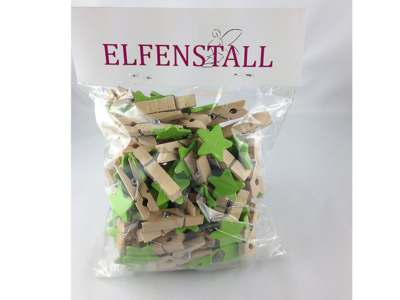 Elfenstall 50 Kleine Mini Holz Wäscheklammern / Holzklammer Stern Grün